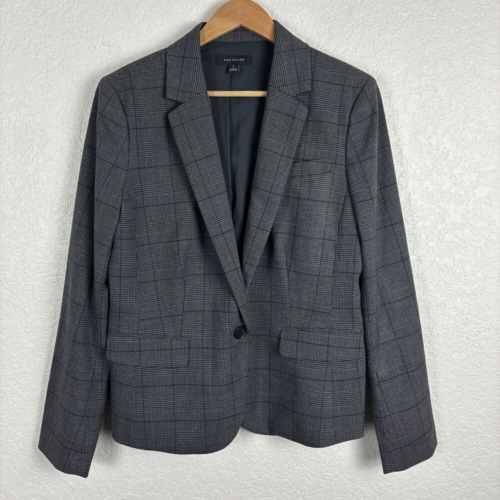 Ann Taylor Women’s Blazer Jacket Size 10 Gray Plaid Office Career Dark‎ Academia